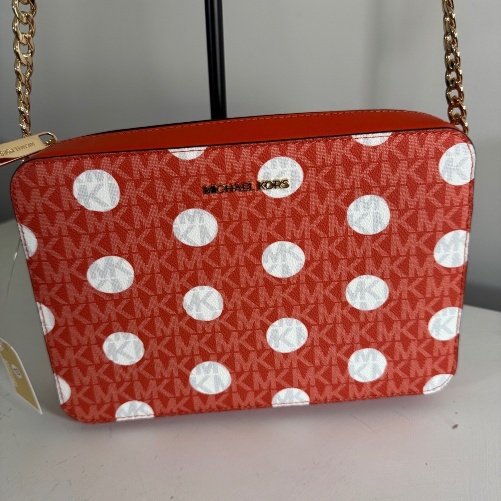 Michael Kors Red Clay Jet Set LG EW Crossbody Polka Dot Chain Strap - Picture 1 of 4